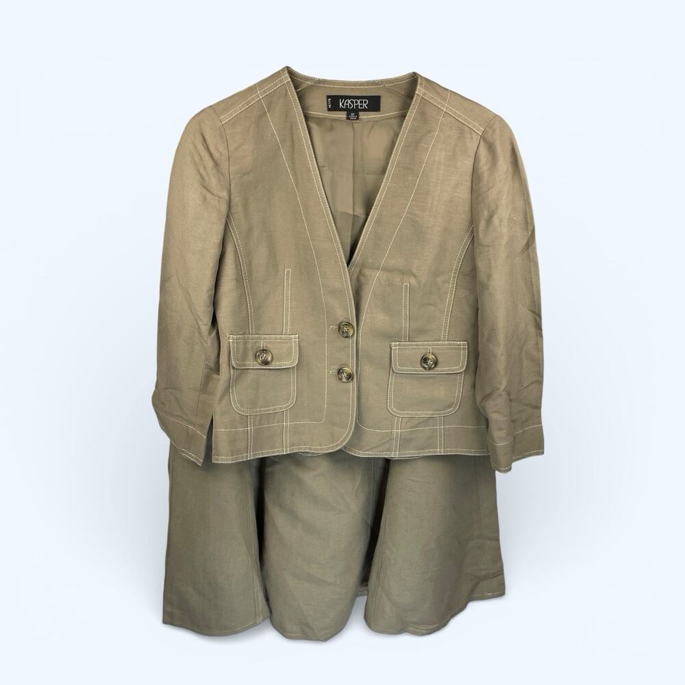 Kasper Women's Blazer Skirt Set Tan Linen-blend Blazer sz 6 Skirt sz 2 Petite